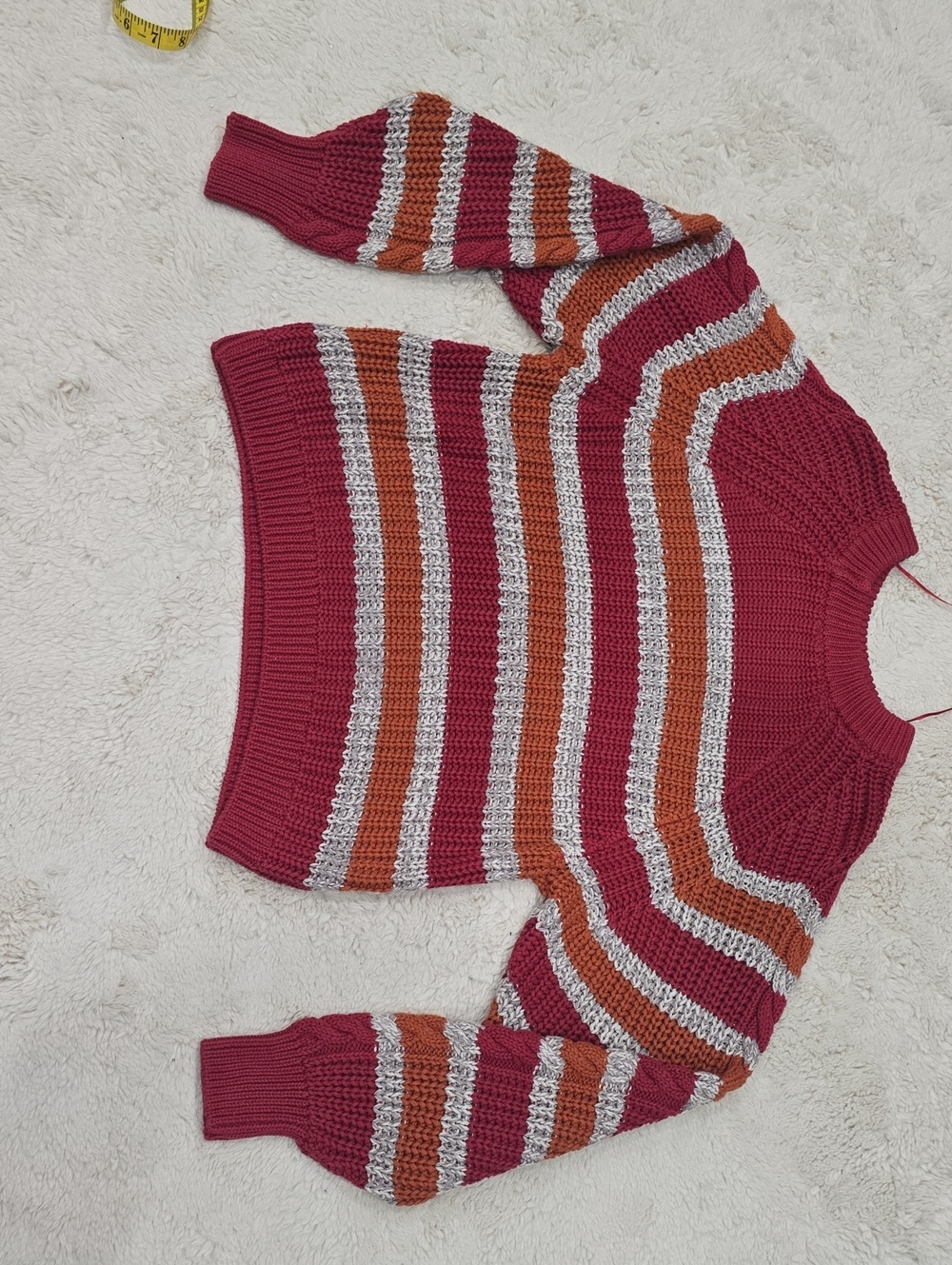 Free People Raspberry, Rust & Cream Striped Crewneck Sweater